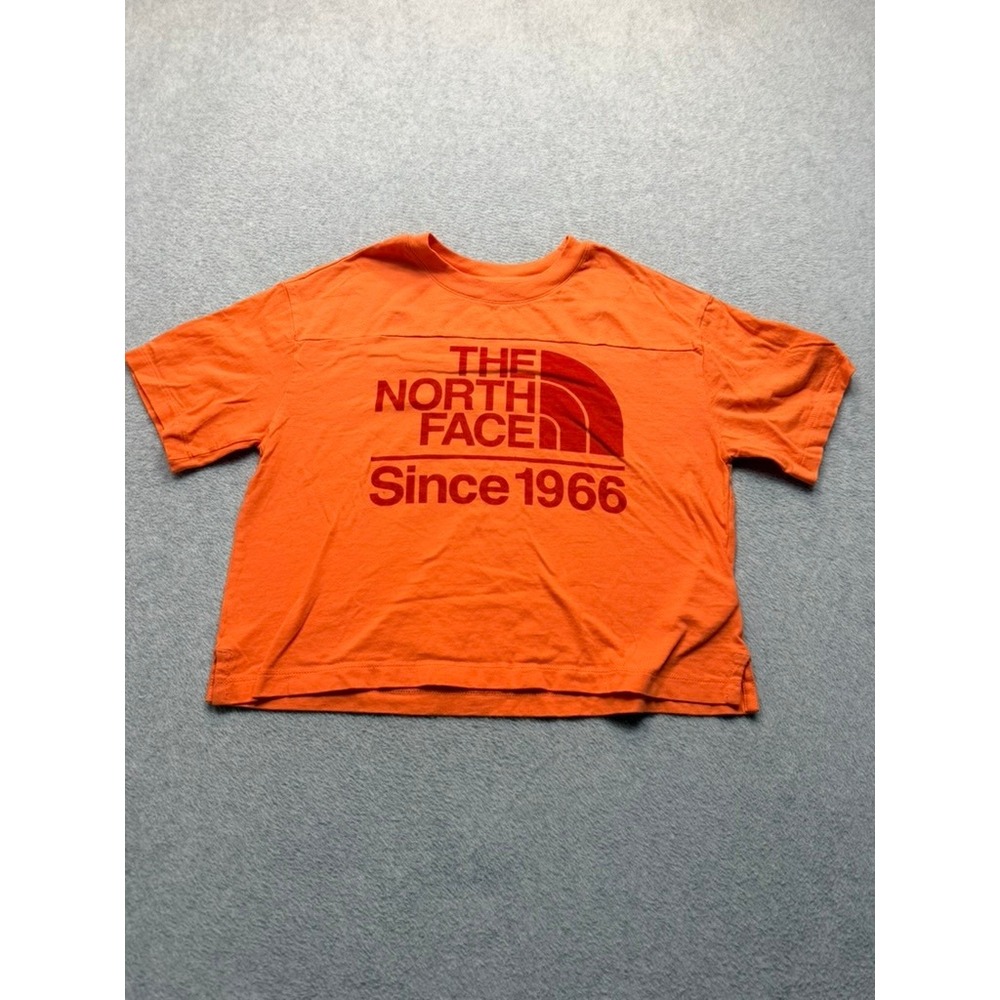 The North Face Womens Orange Graphic Logo T-Shirt Size L Since 1966 Cropped Tee